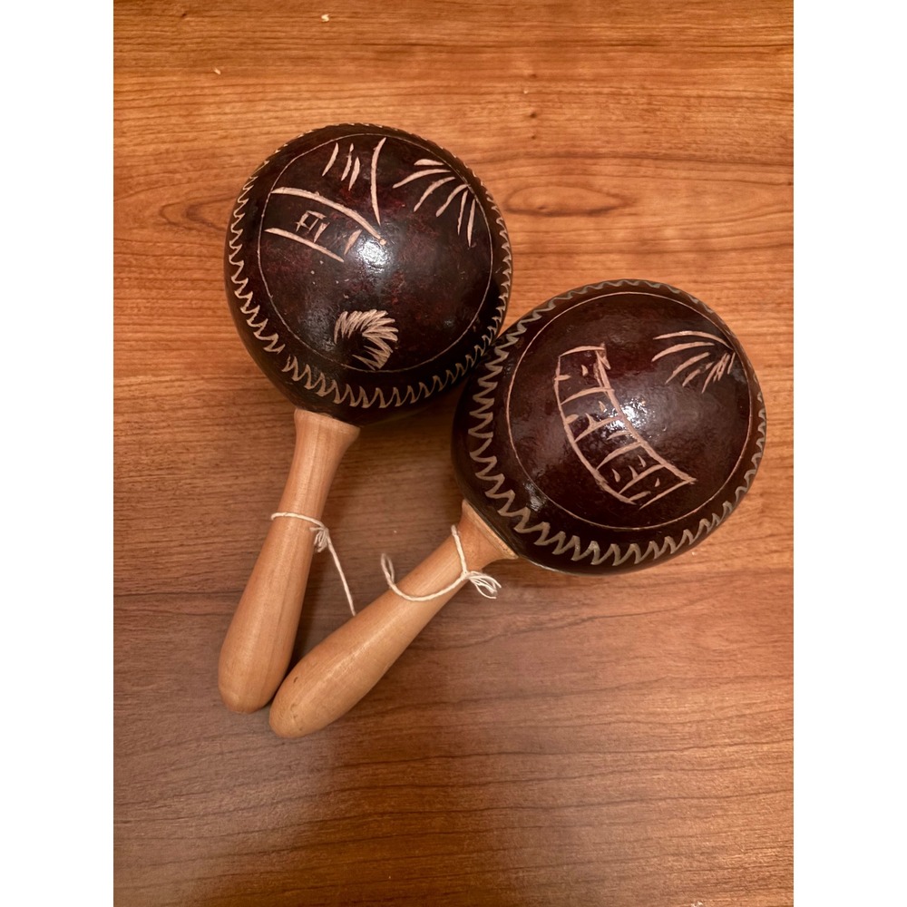 Vintage Hand Carved Wooden Maracas Pair Aruba Tropical Palm Tree Folk Art